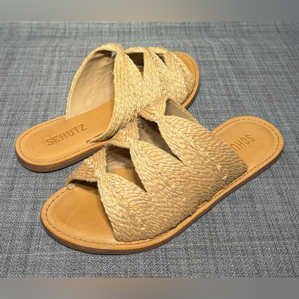 SCHUTZ Ivy Woven Flat Sandals Natural Raffia - Picture 3 of 8